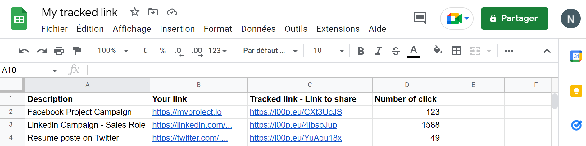 Example of using sheet and Link tracker